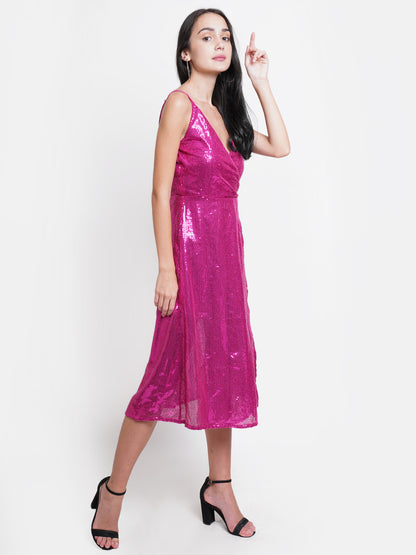 Hot Pink Sequin Midi Dress - V-Neck, Sleeveless, Party Ready