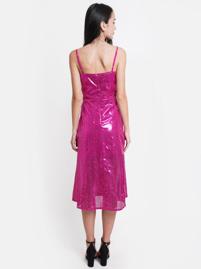 Hot Pink Sequin Midi Dress - V-Neck, Sleeveless, Party Ready