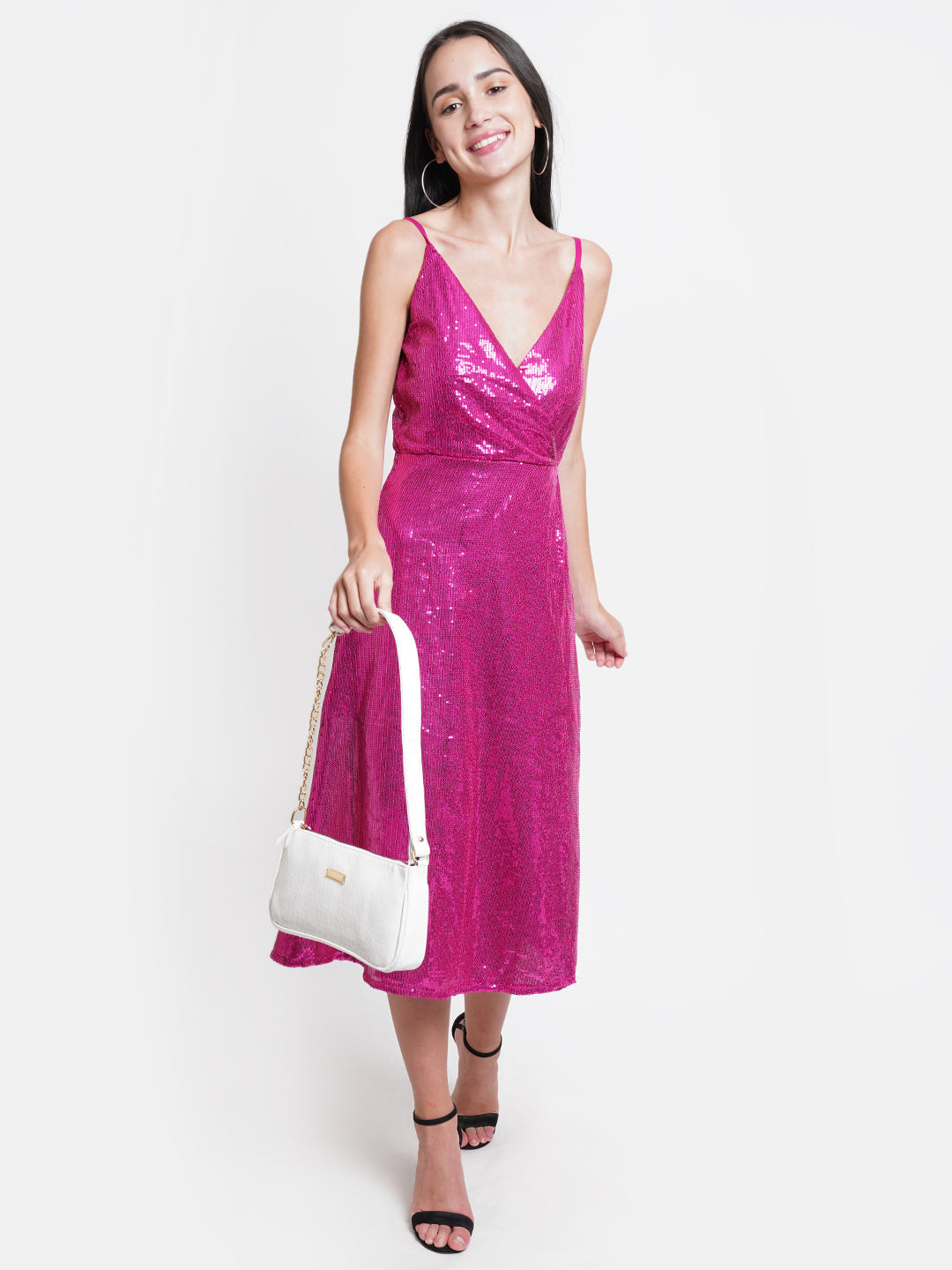 Hot Pink Sequin Midi Dress - V-Neck, Sleeveless, Party Ready