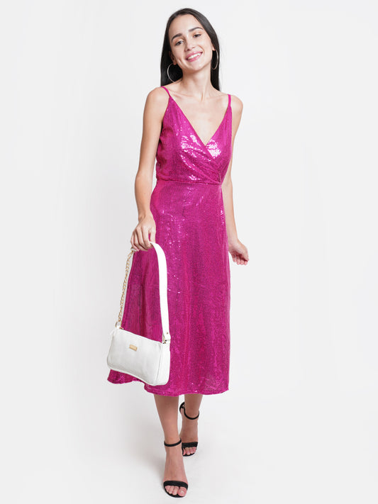Hot Pink Sequin Midi Dress - V-Neck, Sleeveless, Party Ready