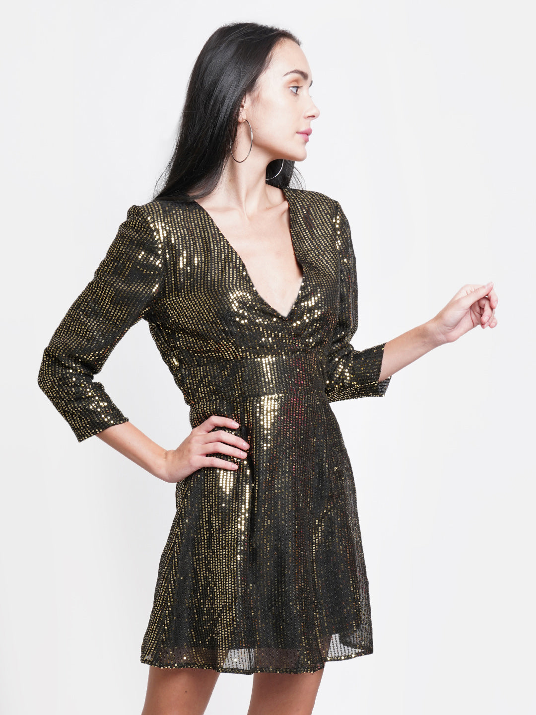 Black and Gold Sequin Short Party Dress for Women | V-Neck Bodycon Dress