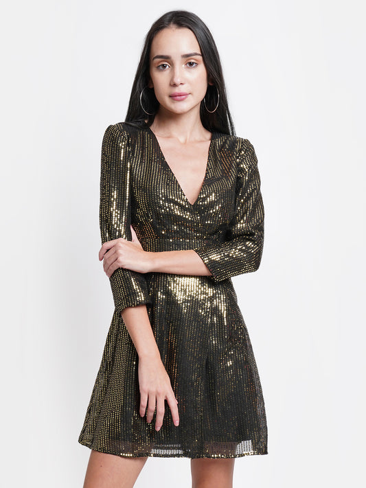 Black and Gold Sequin Short Party Dress for Women | V-Neck Bodycon Dress