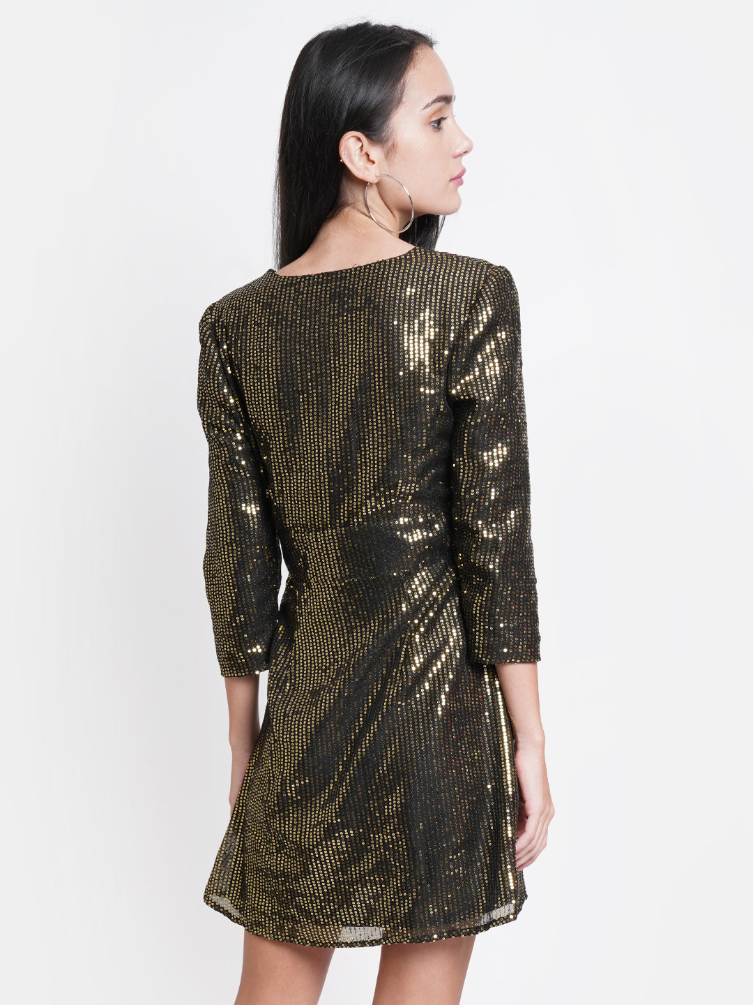 Black and Gold Sequin Short Party Dress for Women | V-Neck Bodycon Dress