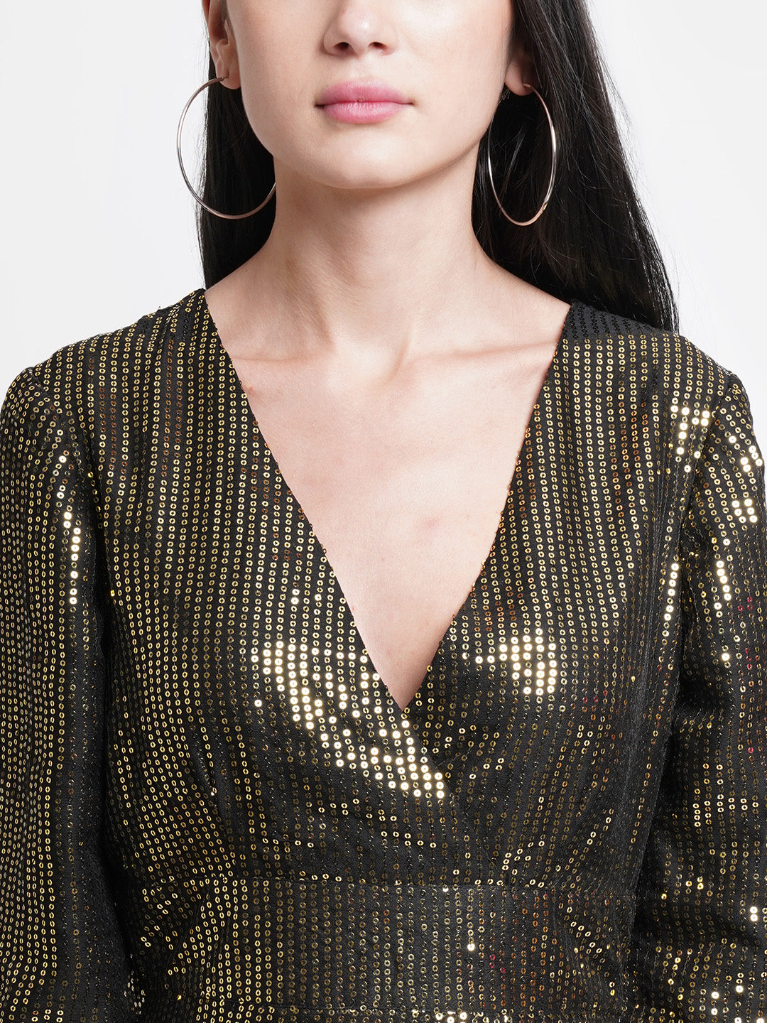 Black and Gold Sequin Short Party Dress for Women | V-Neck Bodycon Dress