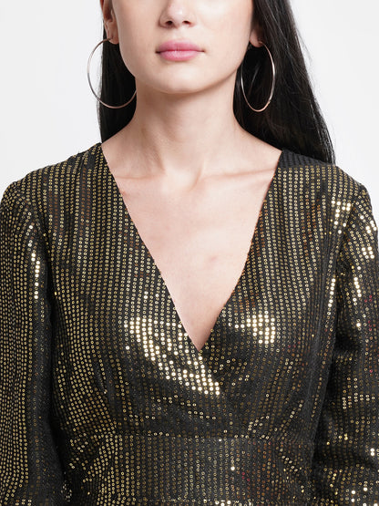 Black and Gold Sequin Short Party Dress for Women | V-Neck Bodycon Dress