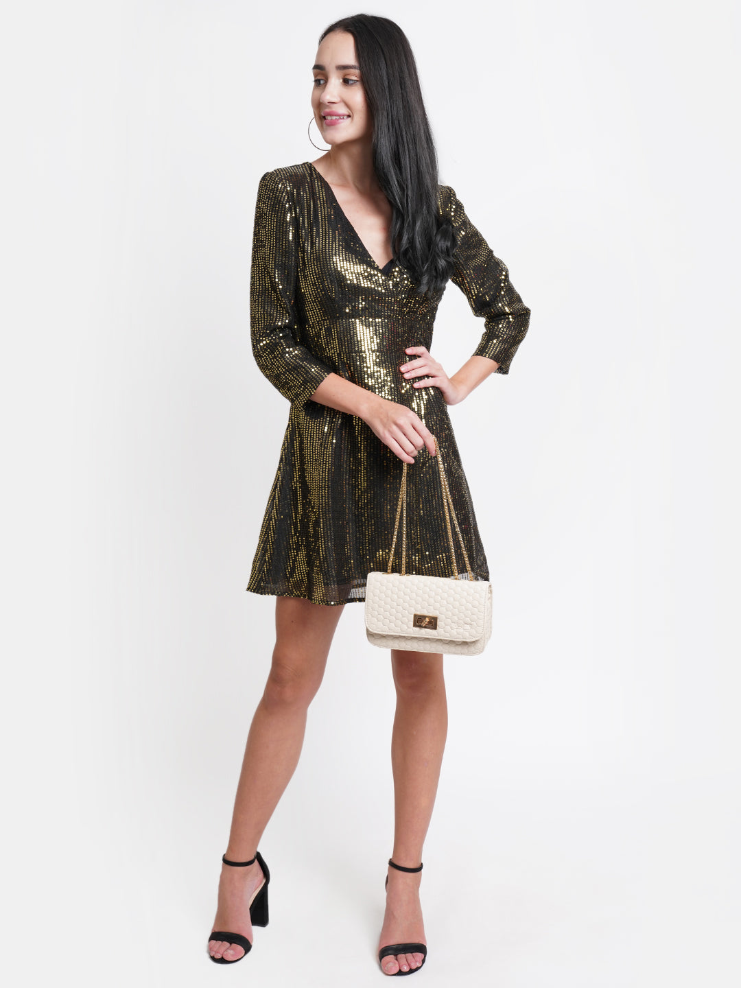 Black and Gold Sequin Short Party Dress for Women | V-Neck Bodycon Dress
