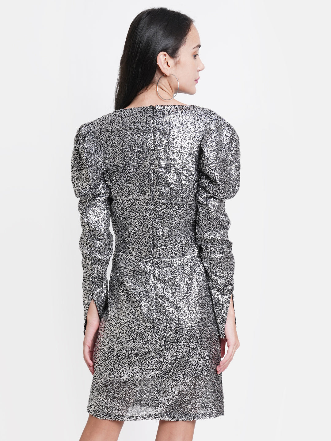Silver Sequin Puff Sleeve Mini Dress for Women – V-Neck Party Wear Bodycon Outfit