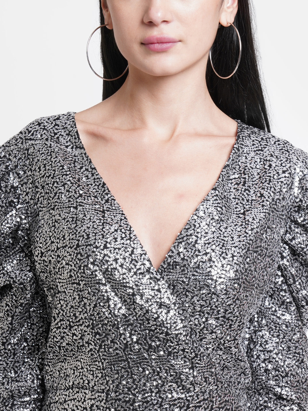 Silver Sequin Puff Sleeve Mini Dress for Women – V-Neck Party Wear Bodycon Outfit