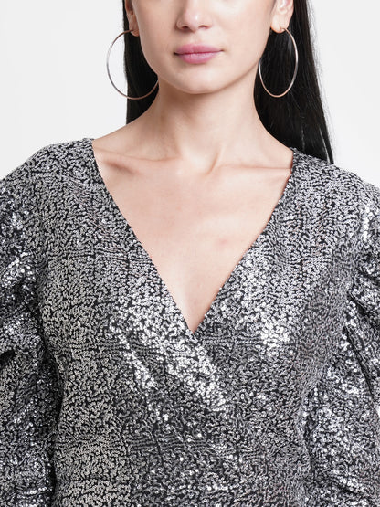 Silver Sequin Puff Sleeve Mini Dress for Women – V-Neck Party Wear Bodycon Outfit