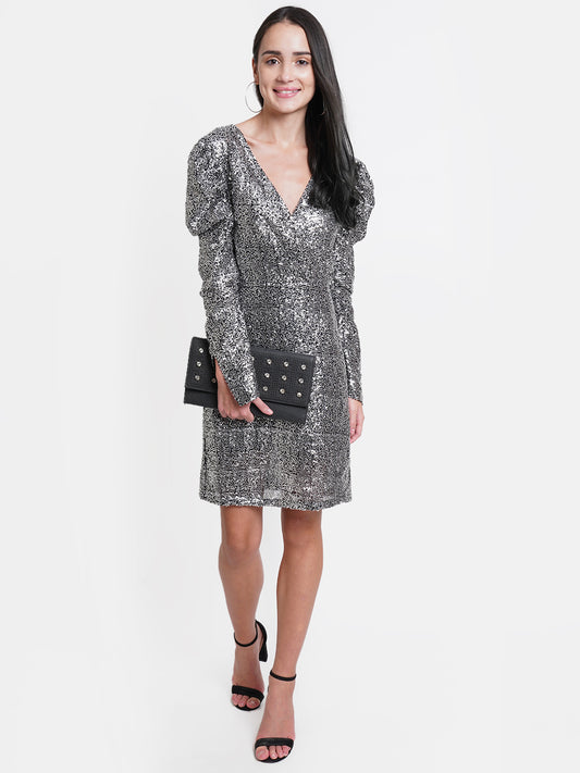 Silver Sequin Puff Sleeve Mini Dress for Women – V-Neck Party Wear Bodycon Outfit