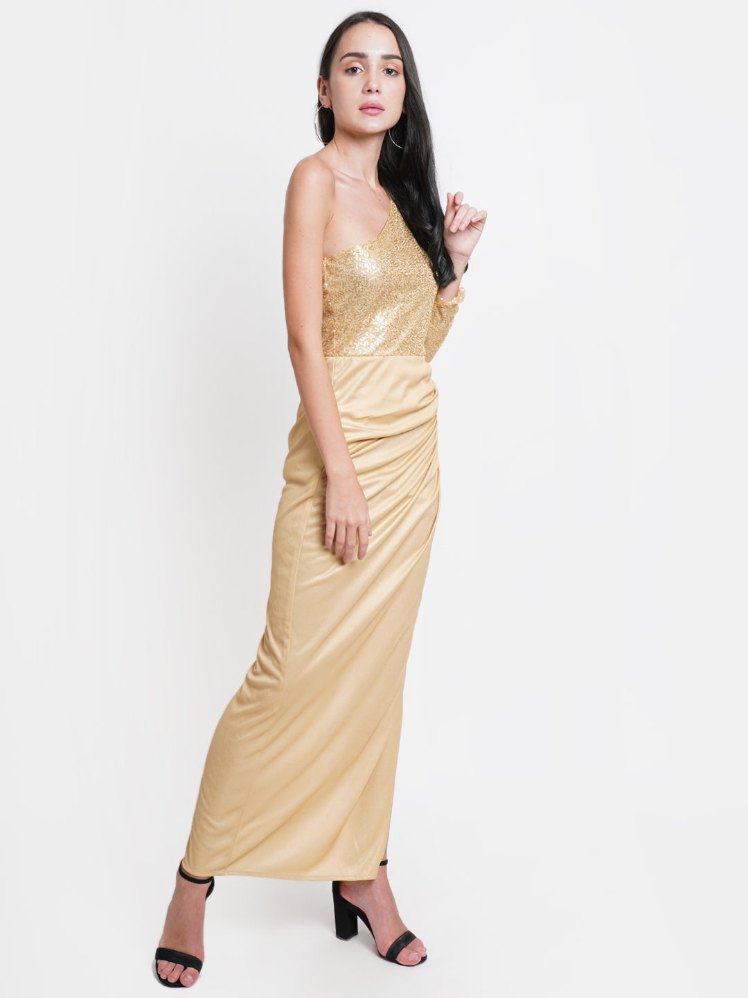 Women's Gold One Shoulder Sequin Evening Gown