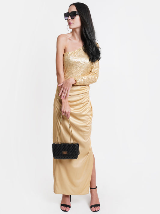 Women's Gold One Shoulder Sequin Evening Gown