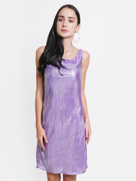 Purple Shimmer Cowl Neck Dress for Women | Sleeveless Metallic Party Dress
