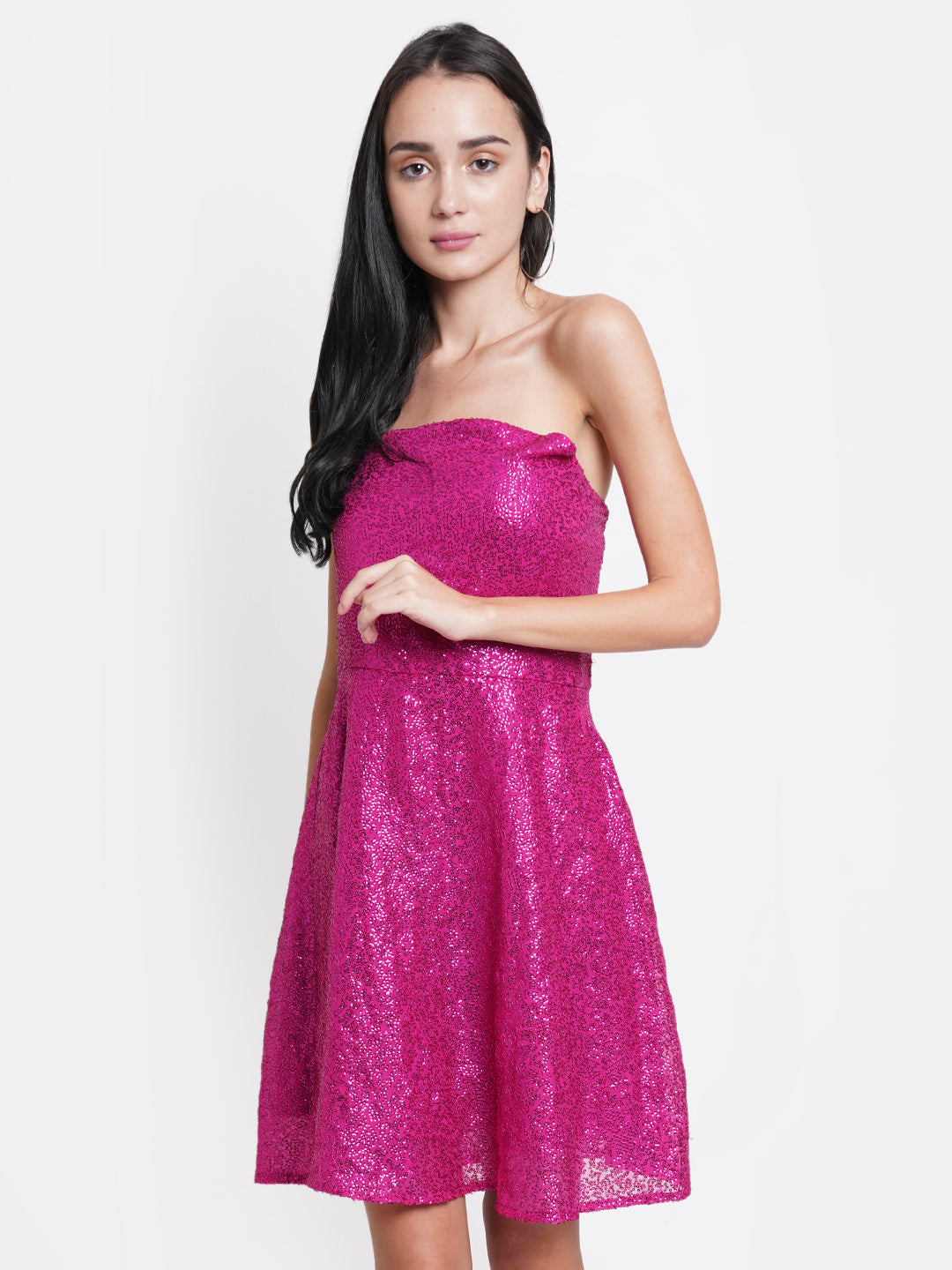 Hot Pink Sequin Strapless Party Dress for Women | Short Glitter Dress