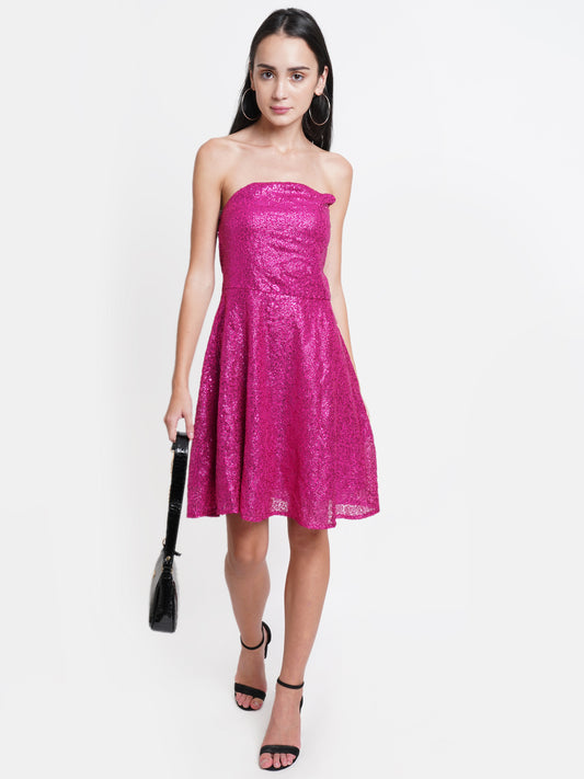 Hot Pink Sequin Strapless Party Dress for Women | Short Glitter Dress
