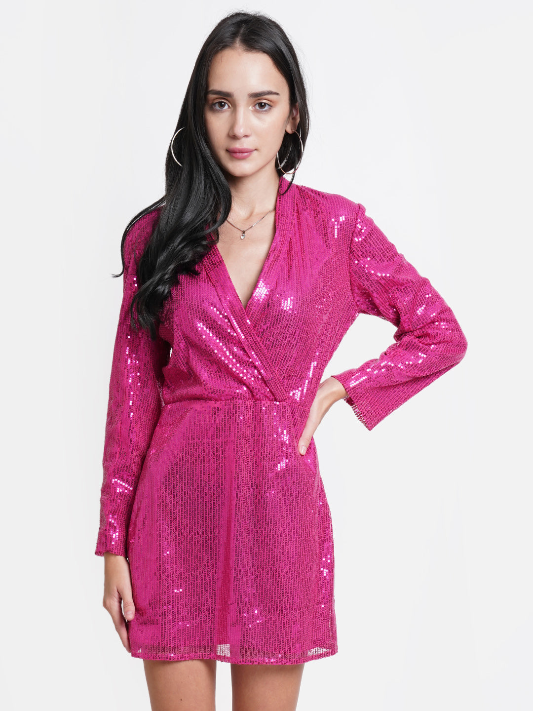 Women's Hot Pink Sequin Wrap Dress with Long Sleeves