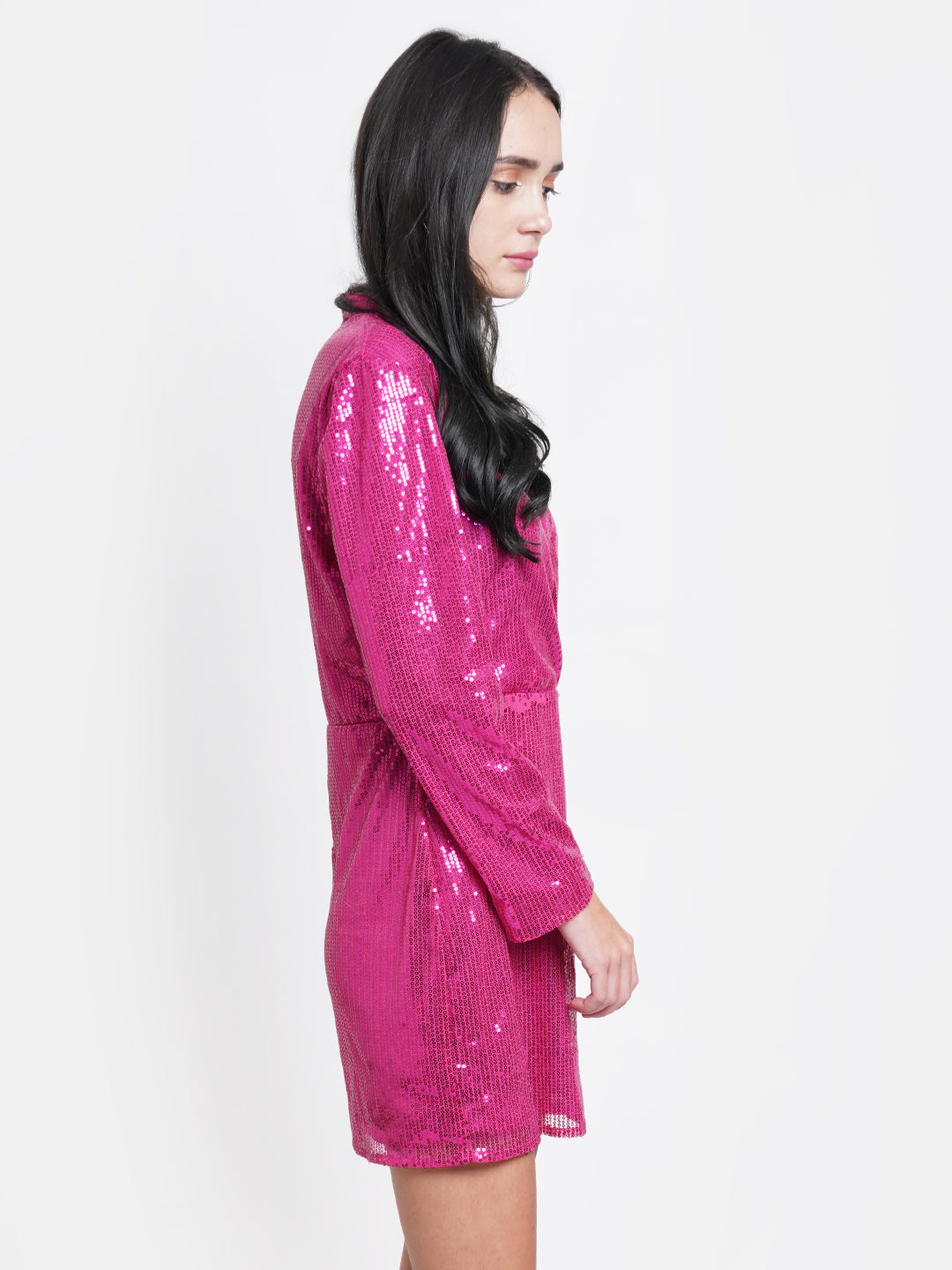Women's Hot Pink Sequin Wrap Dress with Long Sleeves