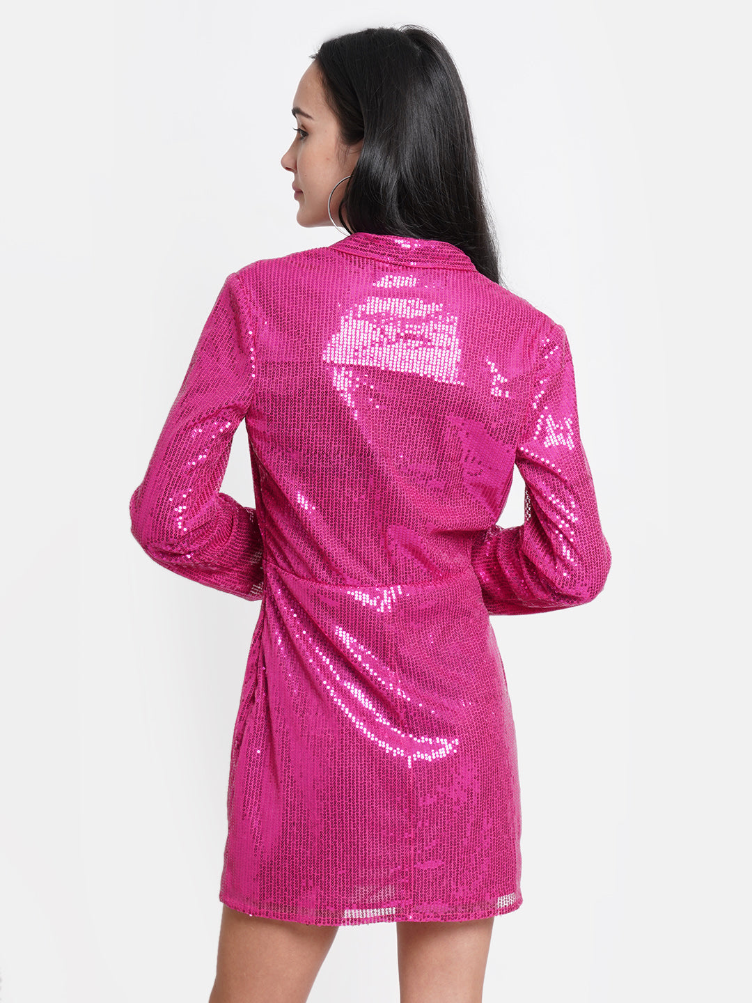 Women's Hot Pink Sequin Wrap Dress with Long Sleeves