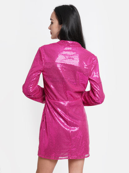 Women's Hot Pink Sequin Wrap Dress with Long Sleeves