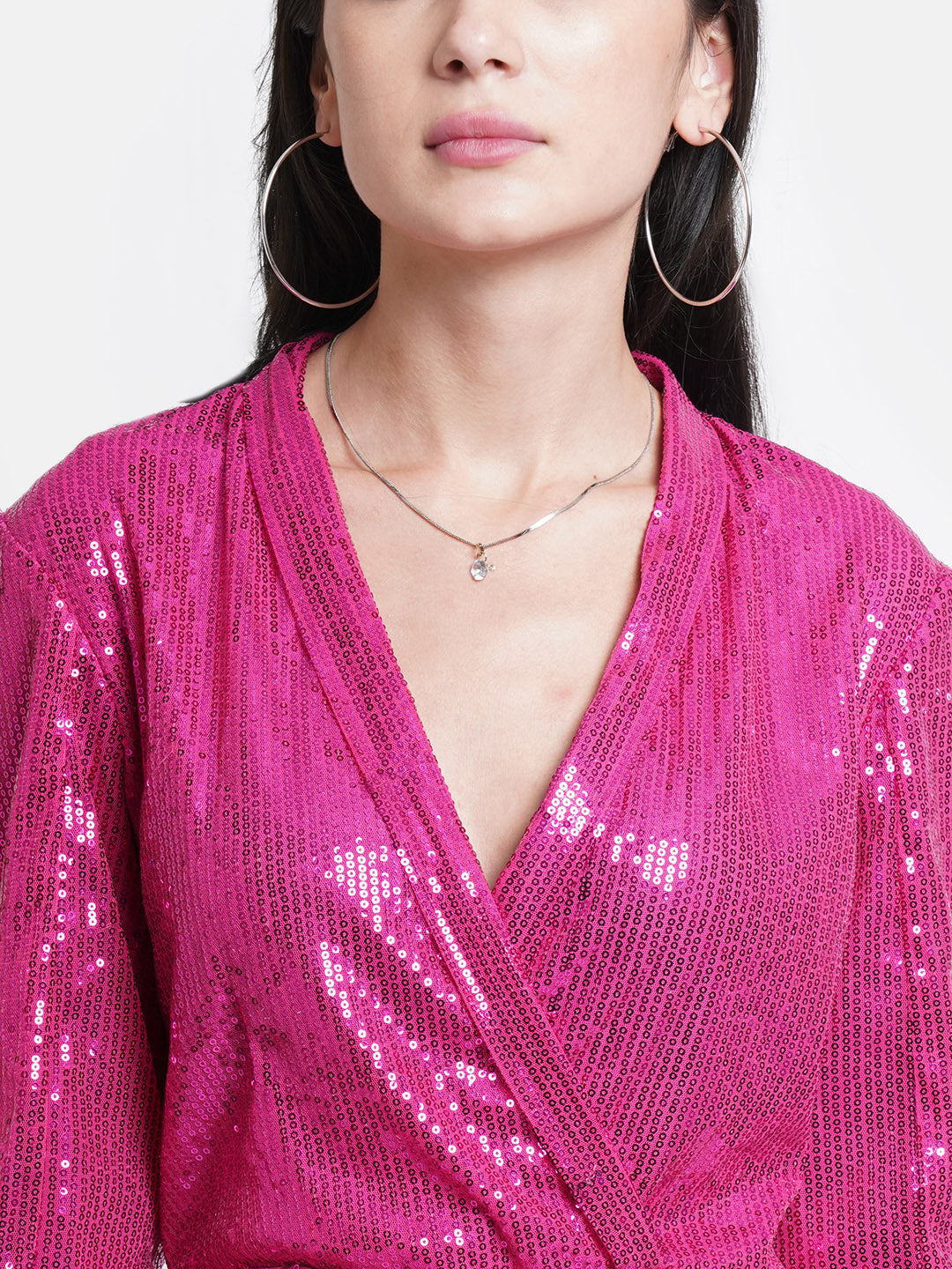 Women's Hot Pink Sequin Wrap Dress with Long Sleeves