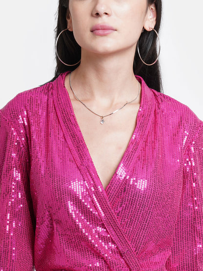Women's Hot Pink Sequin Wrap Dress with Long Sleeves