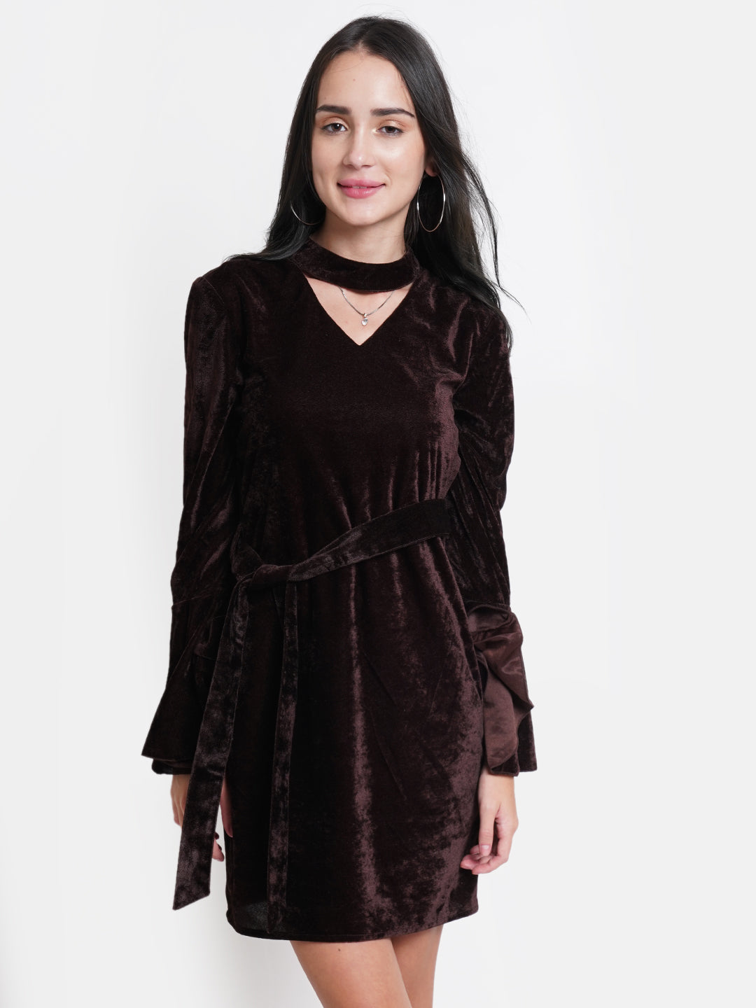 Brown Velvet Bodycon Dress for Women | Full Sleeve Belted Party Wear Dress