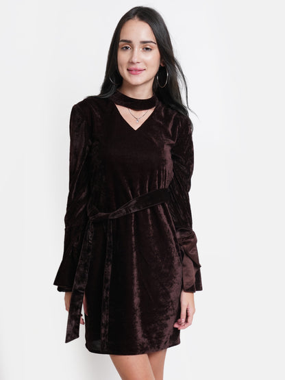 Brown Velvet Bodycon Dress for Women | Full Sleeve Belted Party Wear Dress