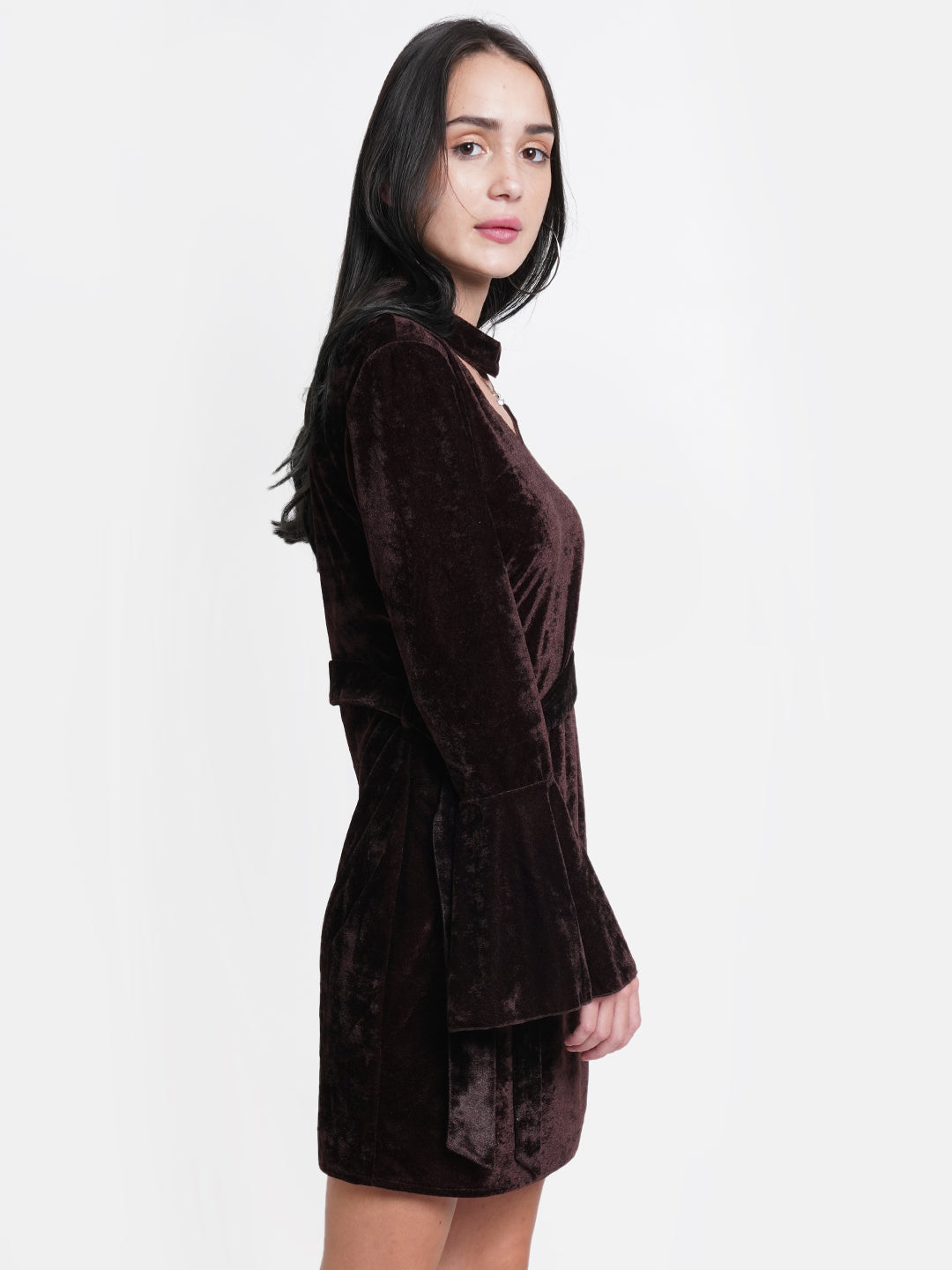 Brown Velvet Bodycon Dress for Women | Full Sleeve Belted Party Wear Dress