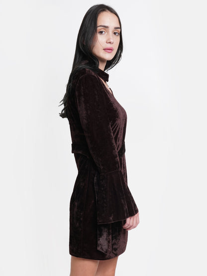 Brown Velvet Bodycon Dress for Women | Full Sleeve Belted Party Wear Dress