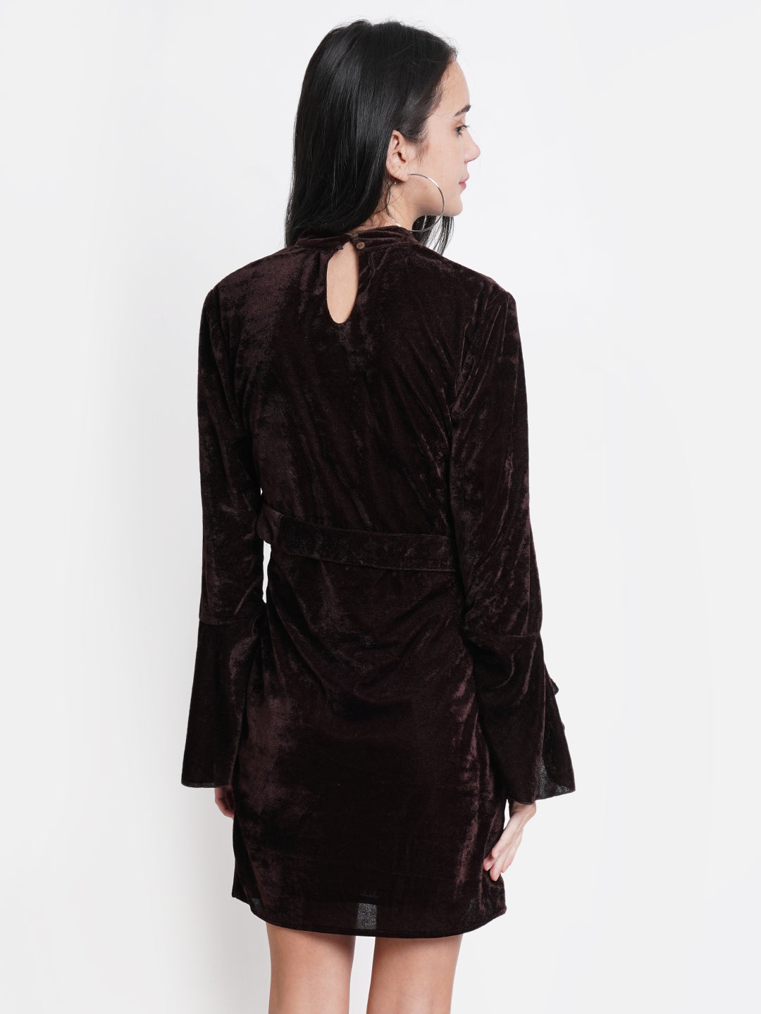 Brown Velvet Bodycon Dress for Women | Full Sleeve Belted Party Wear Dress