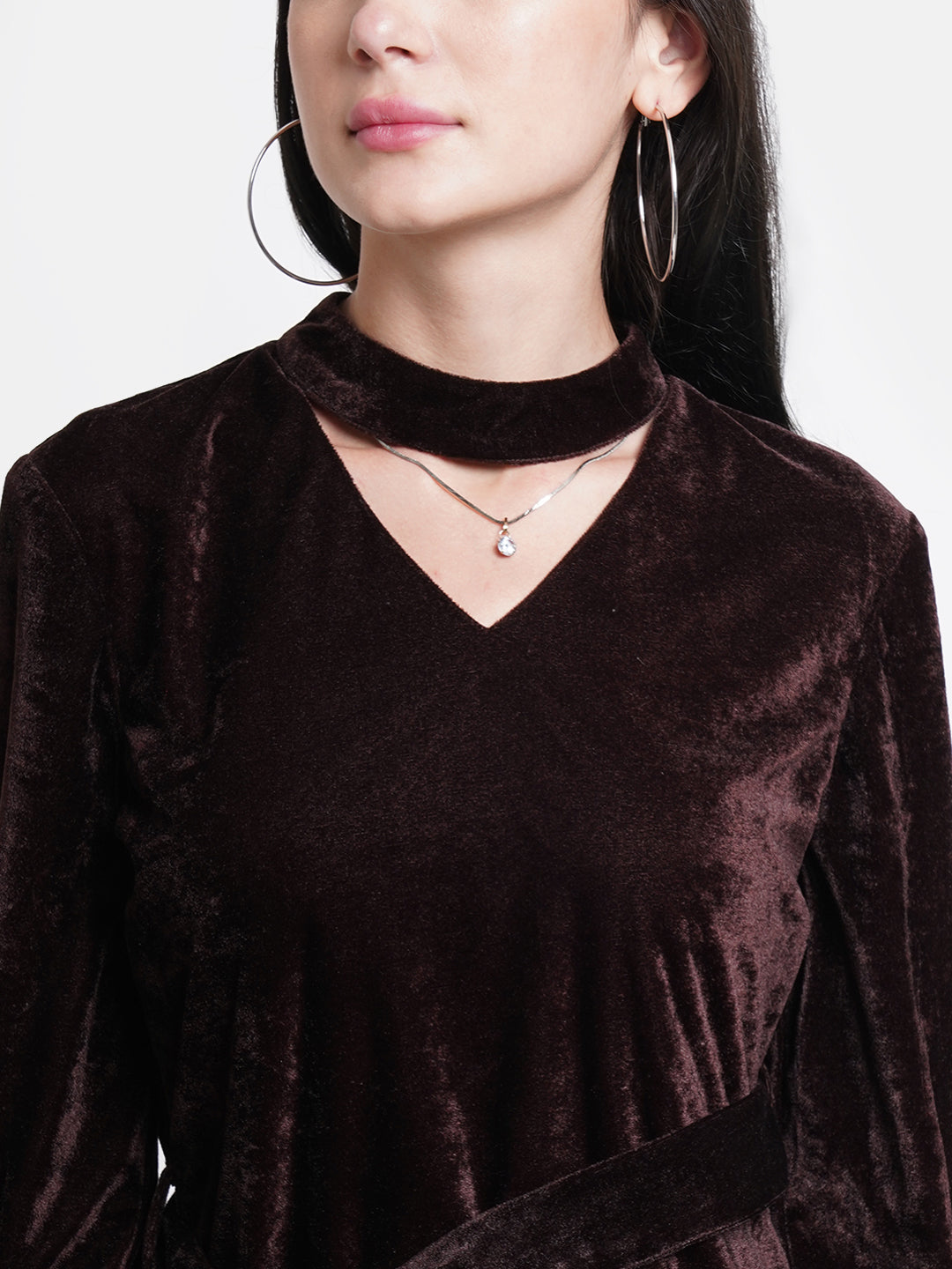 Brown Velvet Bodycon Dress for Women | Full Sleeve Belted Party Wear Dress
