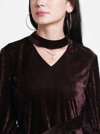 Brown Velvet Bodycon Dress for Women | Full Sleeve Belted Party Wear Dress
