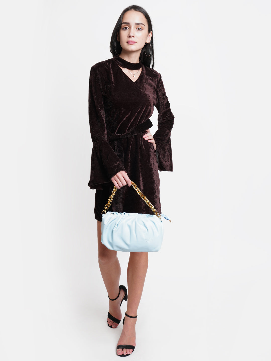Brown Velvet Bodycon Dress for Women | Full Sleeve Belted Party Wear Dress