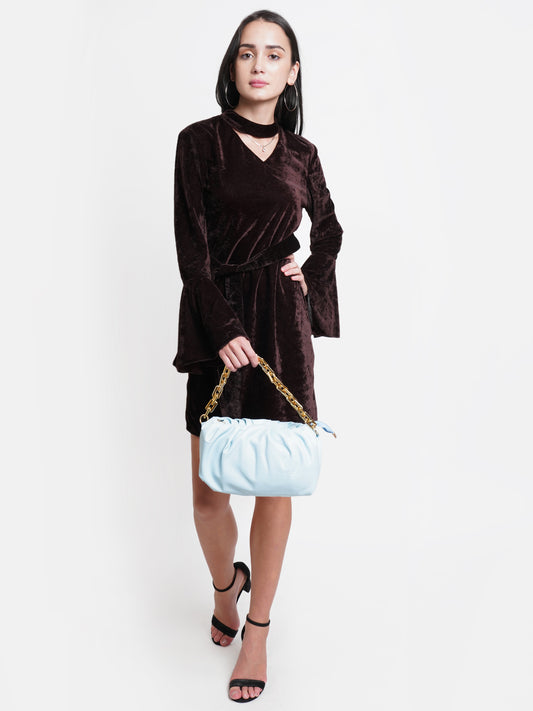 Brown Velvet Bodycon Dress for Women | Full Sleeve Belted Party Wear Dress