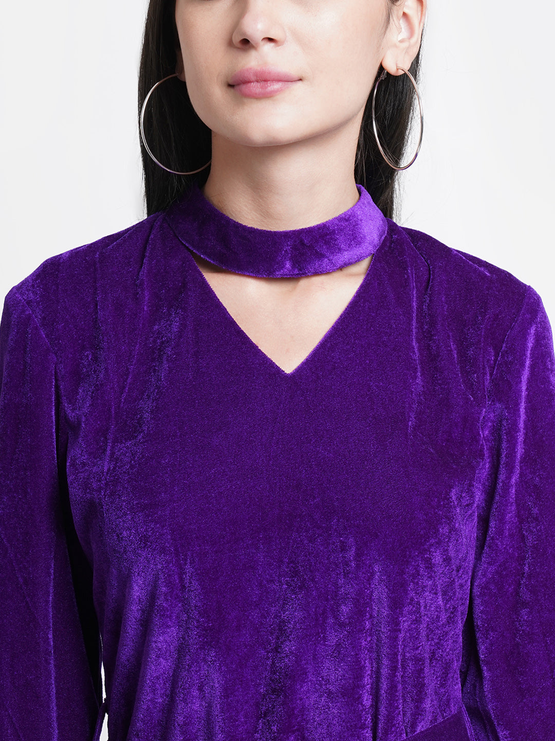 Purple Velvet Choker Neck Dress for Women | Bell Sleeve Party Wear Dress