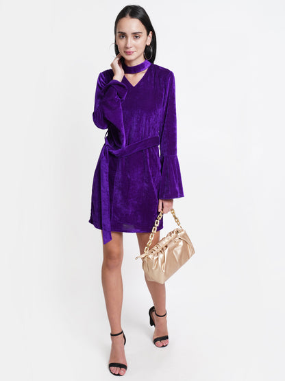 Purple Velvet Choker Neck Dress for Women | Bell Sleeve Party Wear Dress