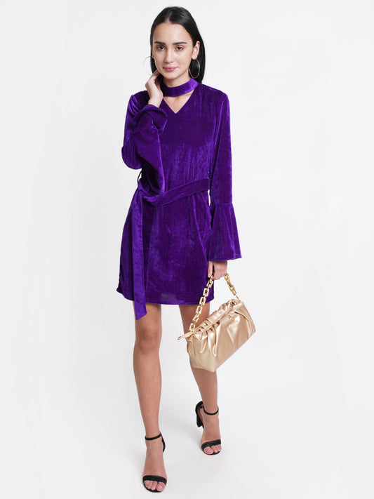 Purple Velvet Choker Neck Dress for Women | Bell Sleeve Party Wear Dress