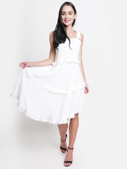 Elegant White Ruffle Midi Dress - Sleeveless, Flowy & Feminine