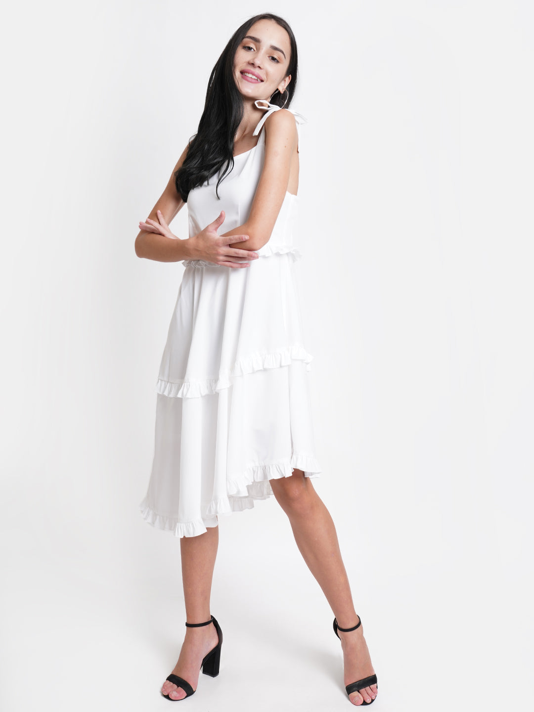 Elegant White Ruffle Midi Dress - Sleeveless, Flowy & Feminine