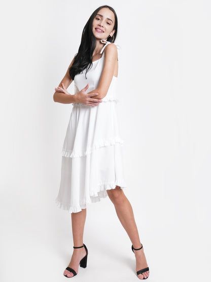 Elegant White Ruffle Midi Dress - Sleeveless, Flowy & Feminine