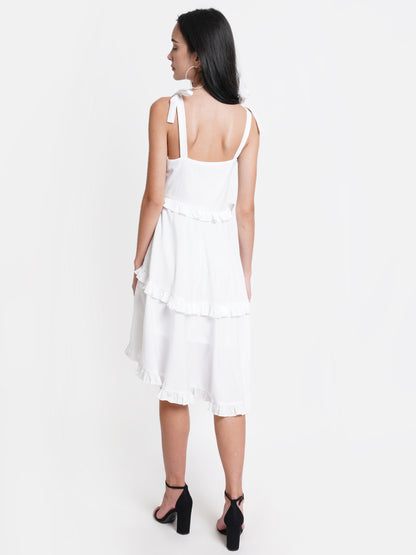 Elegant White Ruffle Midi Dress - Sleeveless, Flowy & Feminine