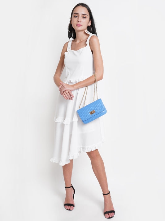 Elegant White Ruffle Midi Dress - Sleeveless, Flowy & Feminine