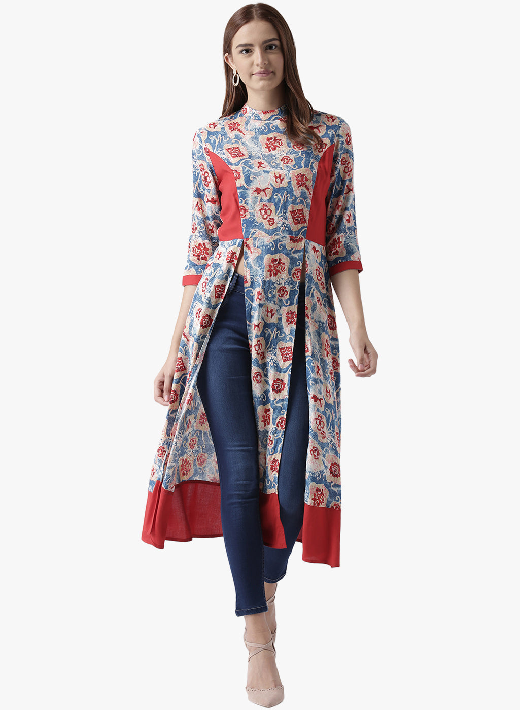 Women's Floral Print Front-Slit High-Low Kurta with Mandarin Collar