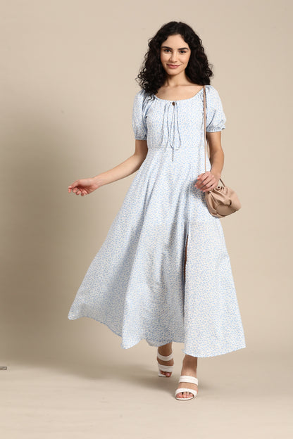 Lavender Floral Print Maxi Dress for Women with Puff Sleeves & Front Slit – Elegant Summer Casual Dress