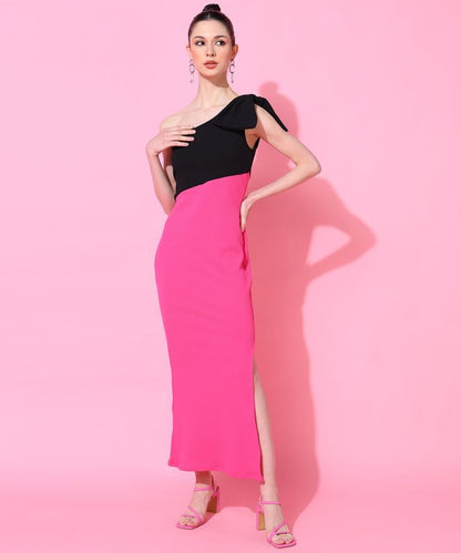 Pink & Black One-Shoulder Colorblock Midi Dress