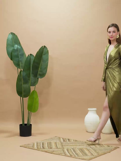 Golden Metallic Plunge Neck High Slit Evening Gown for Women