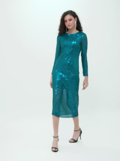 Teal Sequin Midi Dress – Elegant & Shimmering Long Sleeve Dress for Women