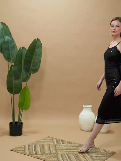 Black Sequin Bodycon Midi Dress – Elegant Evening Party Wear