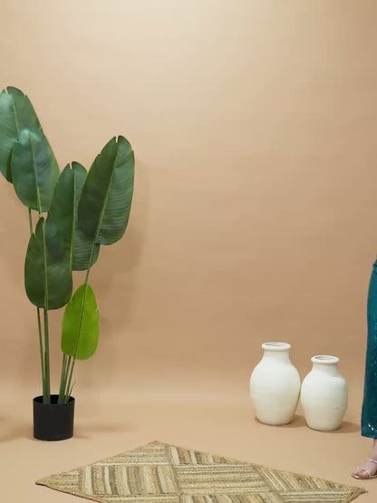 Black Cape Style Top with Teal Blue Sequin Flared Pants – Party Wear Jumpsuit