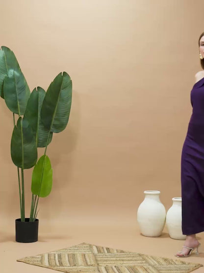 Purple One Shoulder Satin Bodycon Midi Dress with Dramatic Bow Sleeve for Women